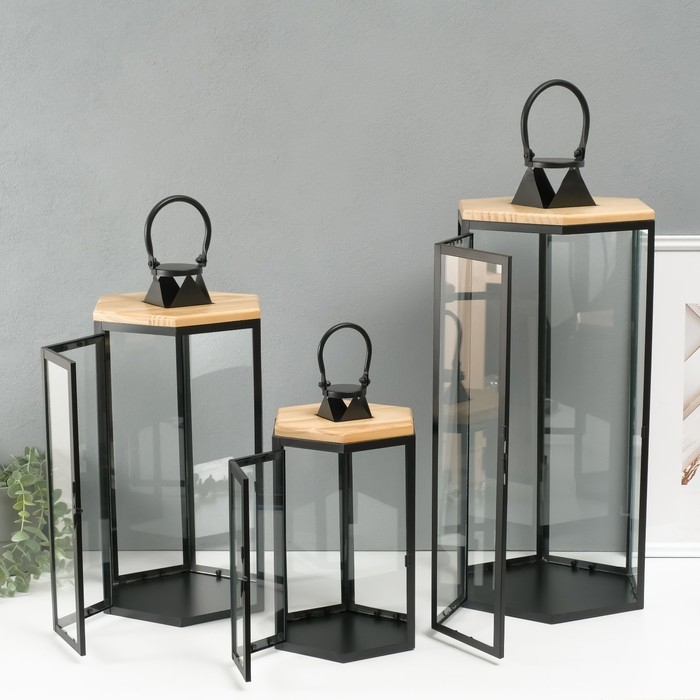 Подсвечник металл, дерево, фонарь Подсвечник металл, дерево, фонарь"Шесть граней" набор 3 шт 22,5х19,5х43,5; 18,5х16х31 см