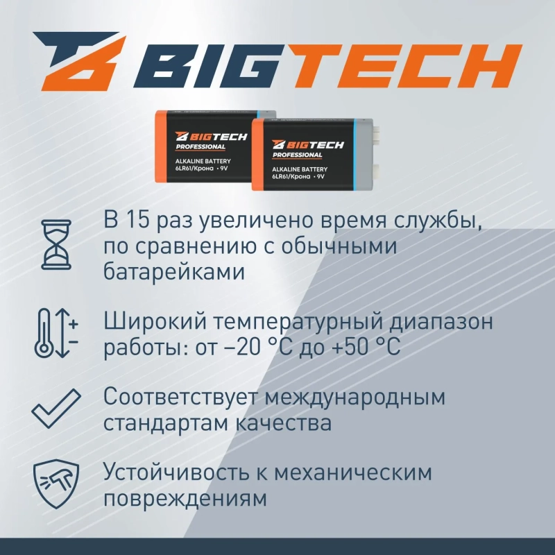 Батарейка BigTech Professional 6LR61/Крона 9V/1604A алкалин. бл/1шт