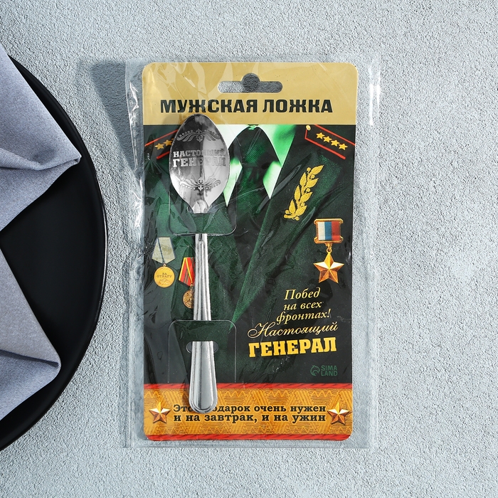 Ложка чайная с гравировкой «Настоящий генерал», на подарочной открытке, 3 х 14 см. Ложка чайная с гравировкой «Настоящий генерал», на подарочной открытке, 3 х 14 см.