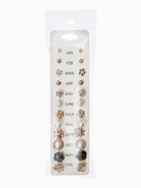 Серьги пусеты 12 пар One year, романтика, бело-серые в золоте