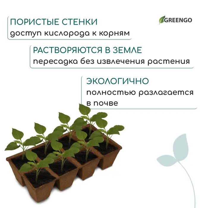 Кассета для рассады, 30 × 15 × 8 см, 8 ячеек по 150 мл, торф, 6 × 6 см