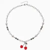 Кулон на жемчужных бусах "Вишня", цвет белый в серебре