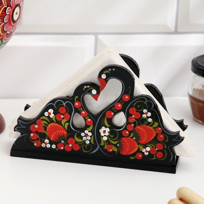 Салфетница «Пара лебедей», 4 х 9 см, хохлома Салфетница «Пара лебедей», 4 х 9 см, хохлома