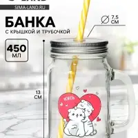 Банка с крышкой и трубочкой &laquo;Котик&raquo;, 450 мл, 10&times;7.5&times;13 см