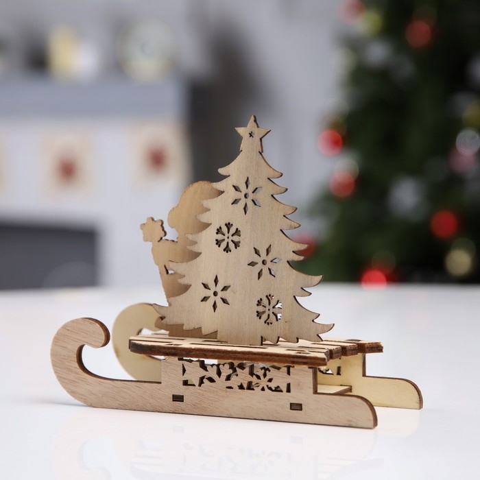 Светодиодная фигура «Сани с Дедом Морозом» 15.5 × 12 × 5.5 см, дерево, батарейки LR1130х3 (в комплекте), свечение тёплое белое