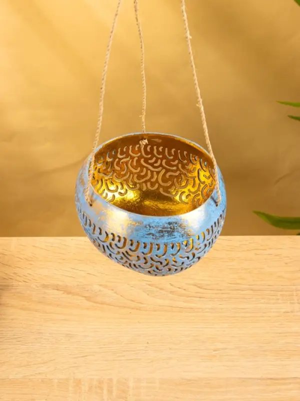 Подсвечник подвесной из кокоса, 14×14×10 см, сине-золотой