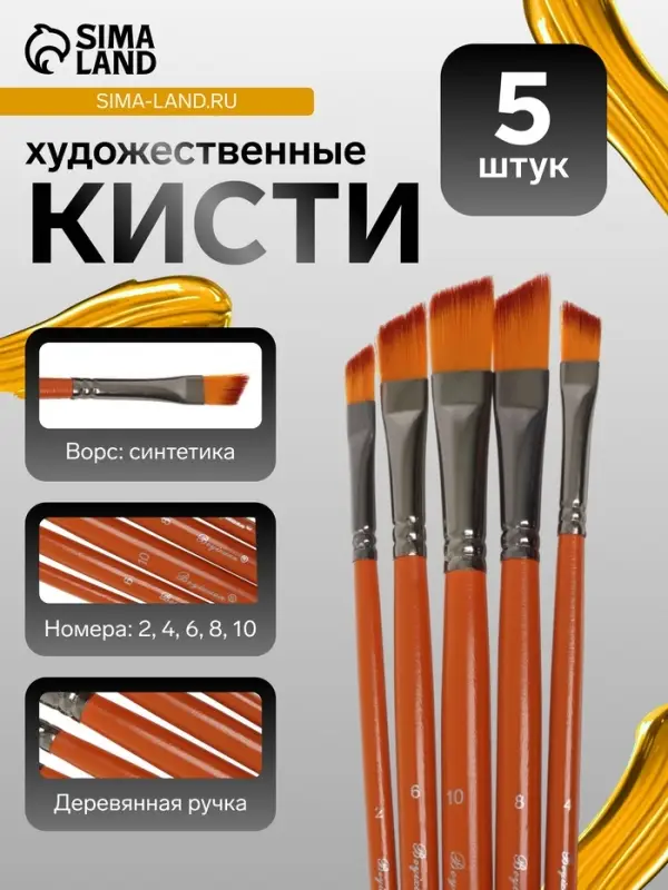 Набор кистей для рисования, синтетика, 5 штук: № 2, 4, 6, 8, 10, плоские, скошенные, в блистере, международный размер