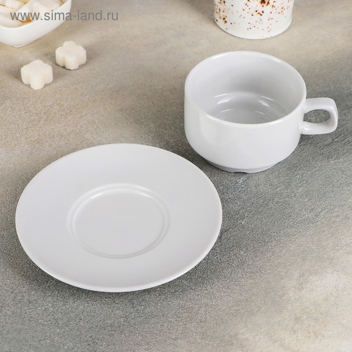 Чайная пара фарфоровая «Белая», 250 мл, чашка d=9,1 см, блюдце d=14,8 см, штабелируемая Чайная пара фарфоровая «Белая», 250 мл, чашка d=9,1 см, блюдце d=14,8 см, штабелируемая