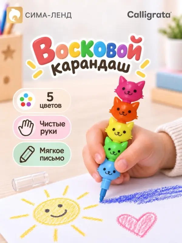 Карандаш восковой &laquo;Кошечки&raquo;, 5 цветов
