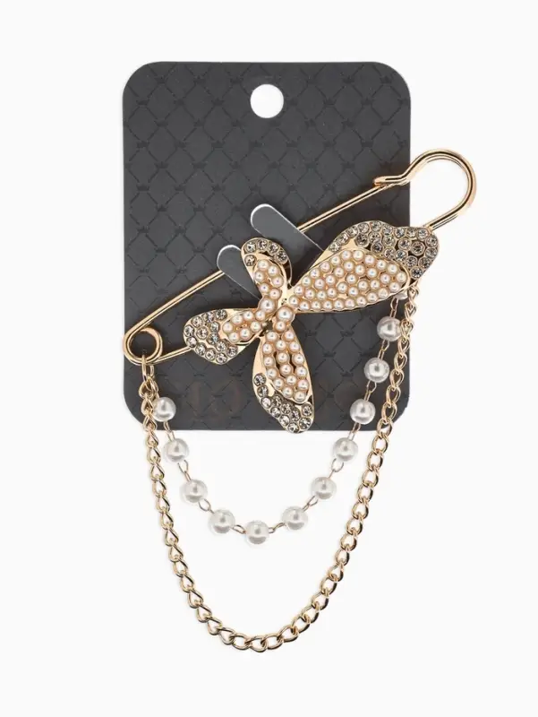 Булавка &laquo;Бабочка&raquo; в стразах, цепочка, жемчуг, L=7.5 см, цвет белый в золоте