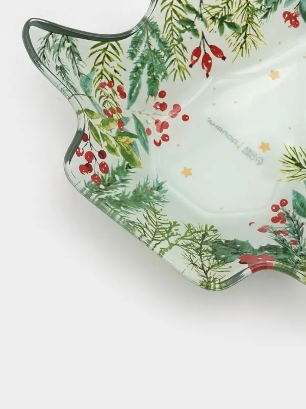 Блюдо новогоднее сервировочное Доляна &laquo;Еловые ветки&raquo;, 17.7&times;18.5&times;3.5 см, стекло, белое, зелёное