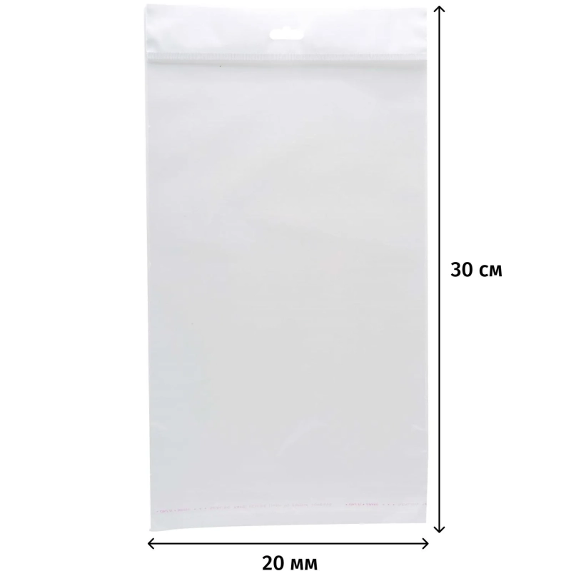 Пакет БОПП 200х300мм +30мм клапан со скотчем, европодвес 25 мкм 100 шт/уп
