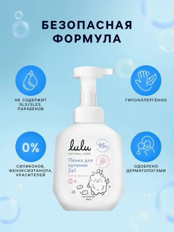 Пенка для купания 2в1 детская LULU с пантенолом, без парабенов, без силиконов, 250 мл