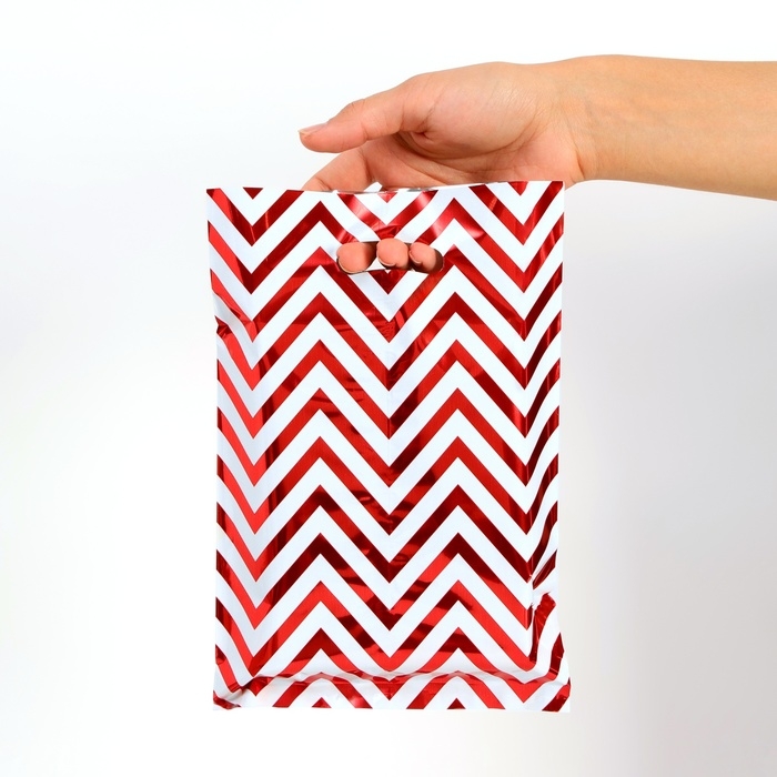 Набор подарочных пакетов, металлизированныей, "Зиг-заг" красный 17х25 см , 20 микрон 10 шт набор