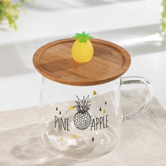 Кружка стеклянная с деревянной крышкой &laquo;Ананасик&raquo;, 300 мл