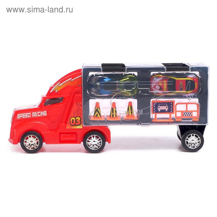 Гараж детский «Грузовик «Перевозчик», 2 металлические машинки и дорожные знаки, МИКС Гараж детский «Грузовик «Перевозчик», 2 металлические машинки и дорожные знаки, МИКС