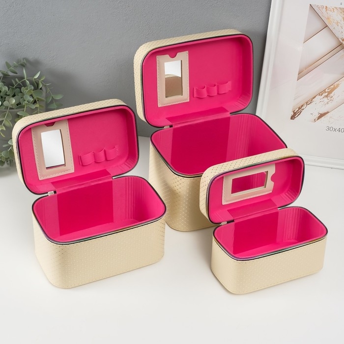 Шкатулка кожзам с зеркалом Шкатулка кожзам с зеркалом "Ромбы" сливки набор 3 шт 19х10,5х10,5 21х13х14 15х23х17 см