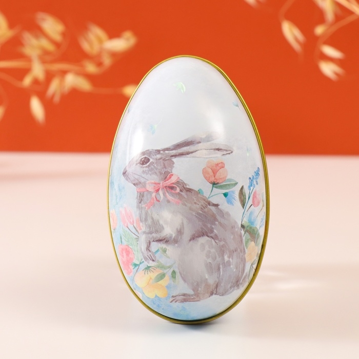 Шкатулка металл яйцо  Шкатулка металл яйцо "Пасхальный зайка с бантом в цветах" 7х6,5х11 см