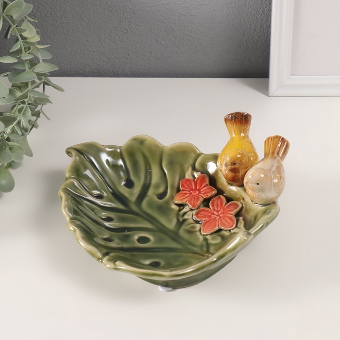 Сувенир керамика подставка Сувенир керамика подставка "Зеленый лист с двумя птичками" 25х19х8 см