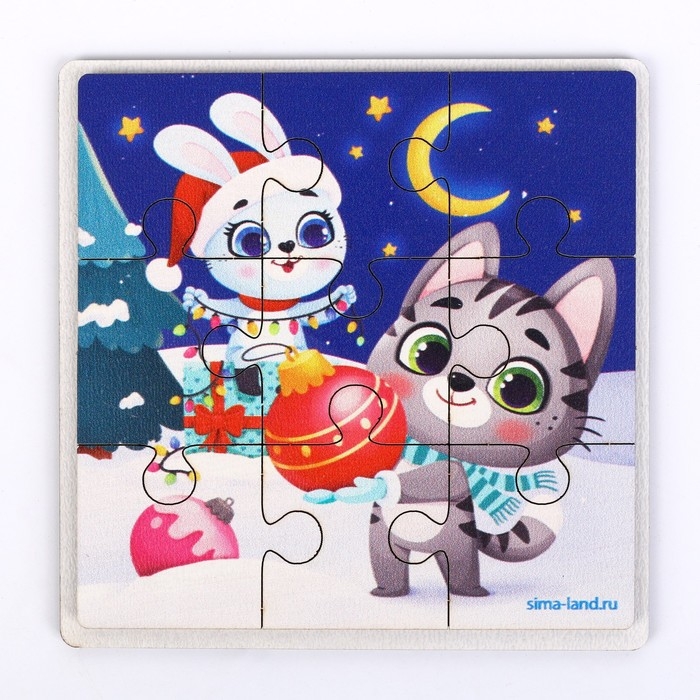 Дервянные пазлы на новый год «Зайка и котик»