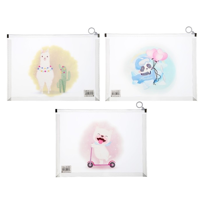 Папка-конверт на молнии формат А4, 180мкр, прозрачная с рисунком Папка-конверт на молнии формат А4, 180мкр, прозрачная с рисунком "Зверушки", МИКС