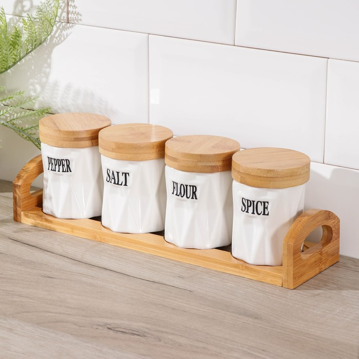 Банки для хранения сыпучих продуктов на деревянной подставке «Эстет», 4 предмета: 200 мл, 8,5×10 см, керамические, цвет белый Банки для хранения сыпучих продуктов на деревянной подставке «Эстет», 4 предмета: 200 мл, 8,5×10 см, керамические, цвет белый