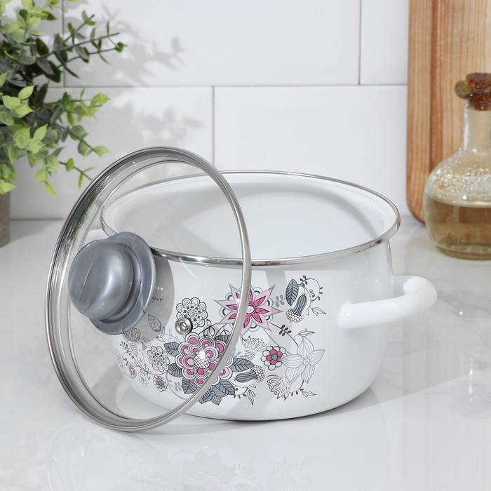 Кастрюля эмалированная «Весенний романс», 2 л, стеклянная крышка, индукция Кастрюля эмалированная «Весенний романс», 2 л, стеклянная крышка, индукция