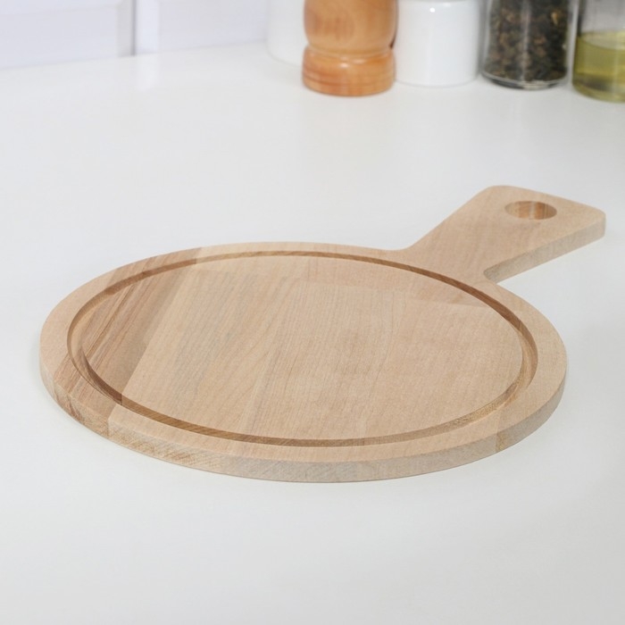 Доска разделочная деревянная с желобом  Доска разделочная деревянная с желобом "Круг" с ручкой 28,5х19х0,8 см береза