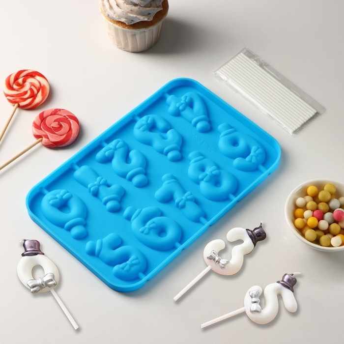 Форма для леденцов Доляна «Цифры-мальчики», силикон, 22×14×1 см, 10 ячеек (5,5×3,5 см), с палочками, цвет синий Форма для леденцов Доляна «Цифры-мальчики», силикон, 22×14×1 см, 10 ячеек (5,5×3,5 см), с палочками, цвет синий