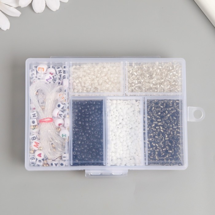 Бисер стекло 8/0 в шкатулке  Бисер стекло 8/0 в шкатулке "Чёрно-белый" бусины + нить 0,8 мм 5 м 12х8,4х2,2 см