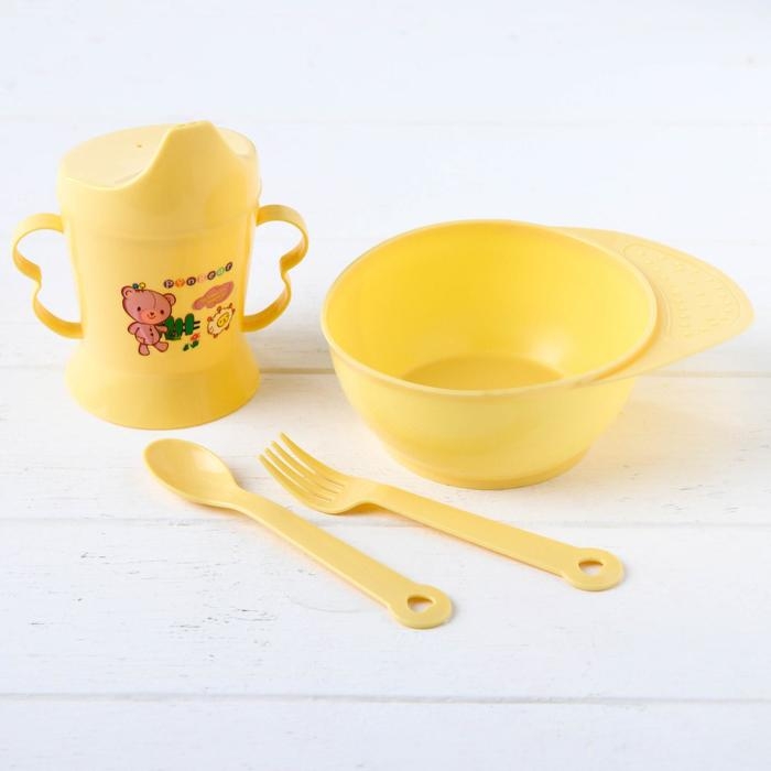 Набор детской посуды, 4 предмета: миска, ложка, вилка, поильник с твёрдым носиком 200 мл, цвета МИКС Набор детской посуды, 4 предмета: миска, ложка, вилка, поильник с твёрдым носиком 200 мл, цвета МИКС