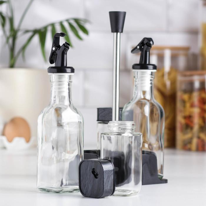 Набор для специй на подставке &laquo;Элегант&raquo;, 4 предмета: 2 солонки 100 мл, 2 бутылки 160 мл, цвет крышки чёрный