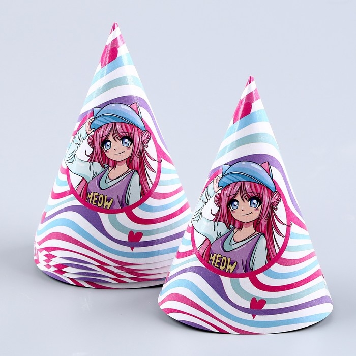 Набор бумажной посуды одноразовый Аниме&raquo;, фуксия: 6 тарелок, 1 гирлянда, 6 стаканов, 6 колпаков