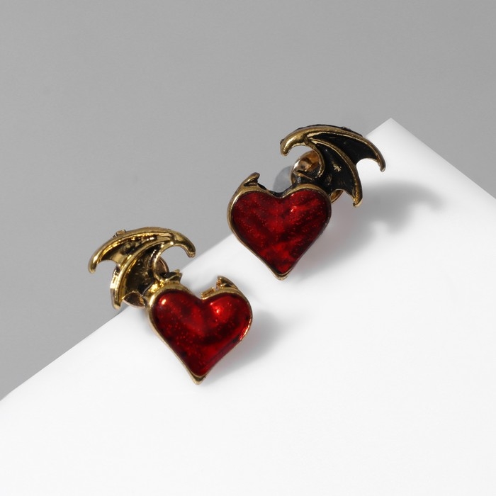 Серьги эмаль «Дьяволёнок» сердце, цвет красный в чернёном золоте Серьги эмаль «Дьяволёнок» сердце, цвет красный в чернёном золоте
