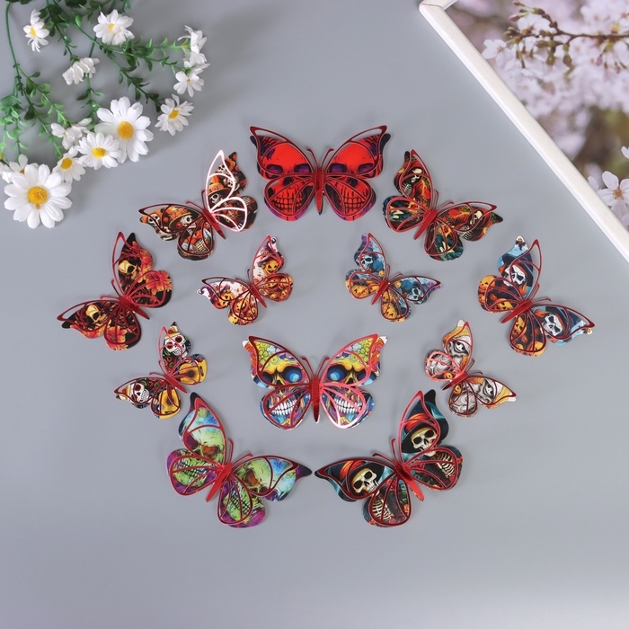 Наклейка бумага, пластик  Наклейка бумага, пластик "Бабочки на Хэллоуин" красные набор 12 шт