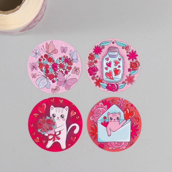 Наклейка бумага Наклейка бумага "Котики и любовь" d=3,8 см 252 шт в рулоне