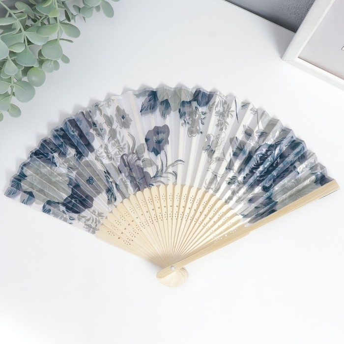 Веер бамбук, текстиль h=21 см  Веер бамбук, текстиль h=21 см "Цветы" с чехлом, чёрно-белый