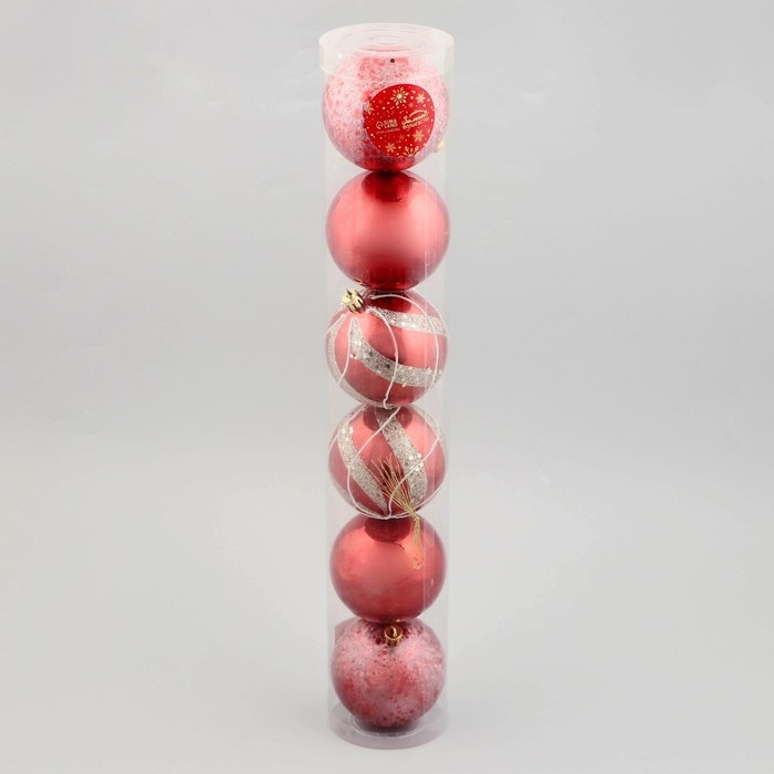 Набор шаров пластик d-8 см, 6 шт Набор шаров пластик d-8 см, 6 шт "Эйвери" полосы, серебристо-красный