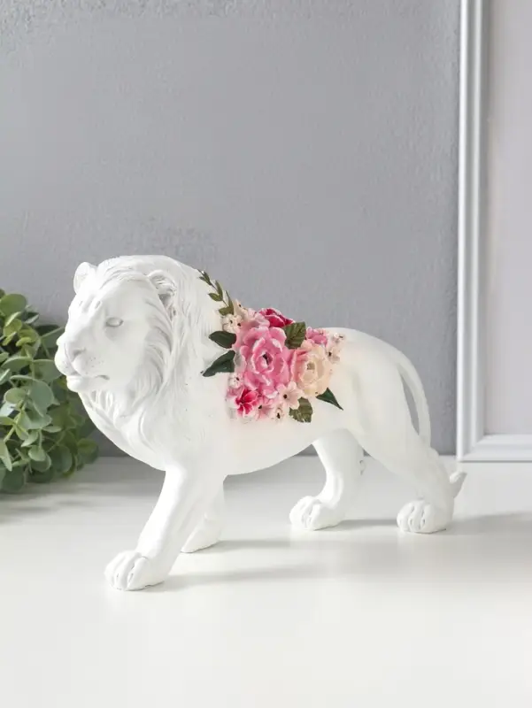 Сувенир полистоун "Белый лев в розовых цветах" 30х8,5х17 см