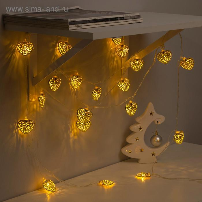 Гирлянда «Нить» 4 м с насадками «Сердце», IP20, прозрачная нить, 20 LED, свечение тёплое белое, 8 режимов, 220 В