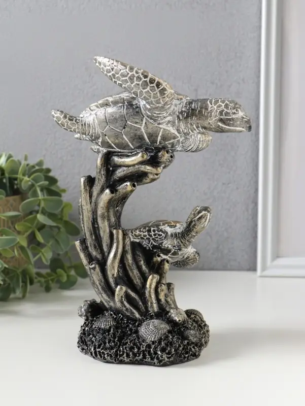 Сувенир полистоун "Морские черепахи в кораллах" бронза с белой патиной 14х12,5х21 см