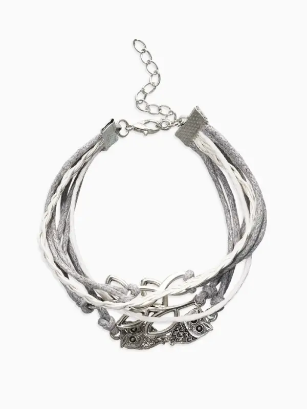 Браслет кожаный &laquo;Совы, веточка и знак бесконечности&raquo;, L=20 см, 5 нитей, белый, серый