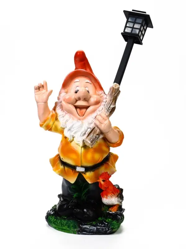 Садовая фигура - фонарь &laquo;Гном с фонарем и петухом&raquo; из полистоуна, 31&times;23&times;56 см