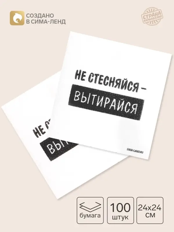 Салфетки бумажные однослойные &laquo;Не стесняйся-вытирайся&raquo;, 24&times;24 см, набор 100 шт.