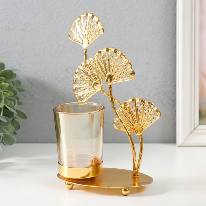 Подсвечник металл, стекло на 1 свечу Подсвечник металл, стекло на 1 свечу "Цветы-веера" d=4,7 см, золото 16,7х8х21,5 см