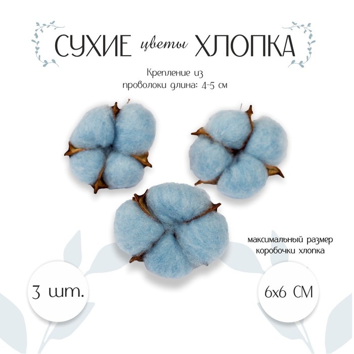 Сухие цветы хлопка, набор 3 шт., размер 1 шт. 6 × 6 см, цвет голубой Сухие цветы хлопка, набор 3 шт., размер 1 шт. 6 × 6 см, цвет голубой