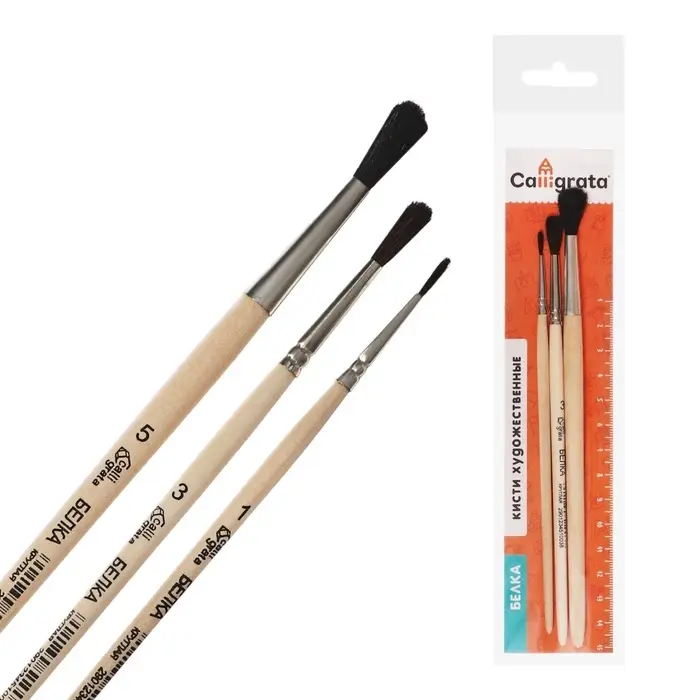 Набор кистей для рисования, белка, 3 штуки: №: 1, 3, 5, Calligrata, круглые, деревянная ручка, в пакете