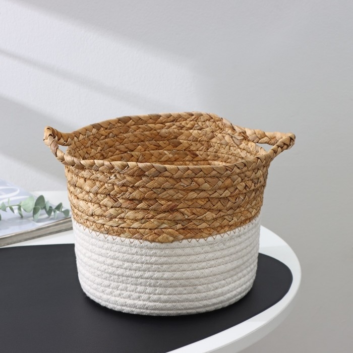 Корзина для хранения ручной работы, с ручками, камыш, хлопок, 20×20×15 см Корзина для хранения ручной работы, с ручками, камыш, хлопок, 20×20×15 см