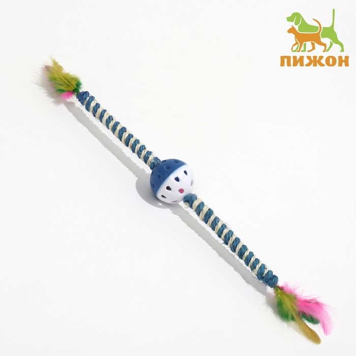 Дразнилка для кошек  Дразнилка для кошек "Двойной пушок", с шариком и сизалевой обмоткой, 32 см, синяя/белая