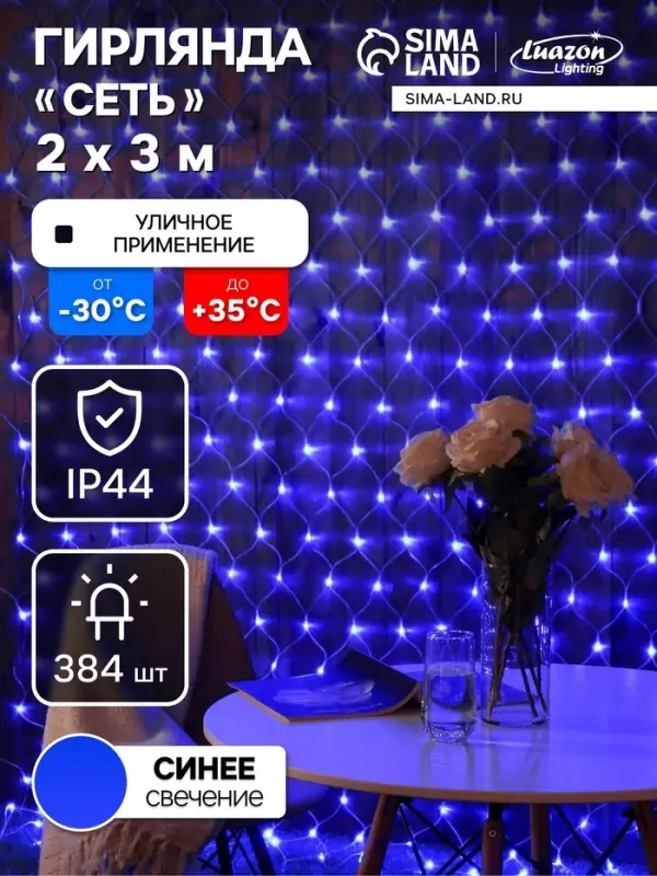 Гирлянда &laquo;Сеть&raquo; 2&times;3 м, IP44, УМС, прозрачная нить, 384 LED, свечение синее, 220 В
